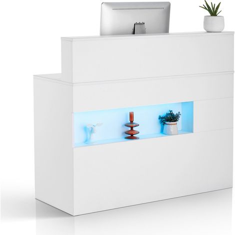 Comptoir de Réception 120x47,5x100 cm, Banque d'Accueil Rectangulaire, Meuble de Réception avec Lumière LED, 2 Tiroirs et Prises de Courant, pour Caisse, Hall, Salon de Beauté et Bureau, Blanc (1/5)