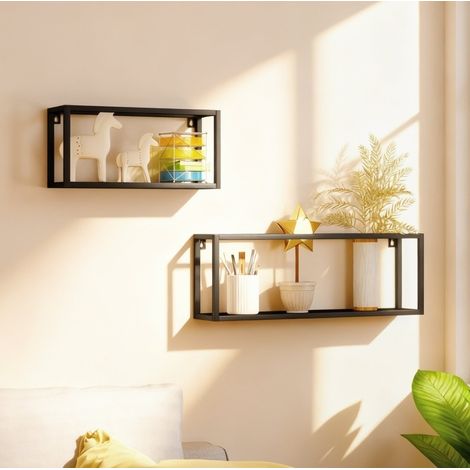 Lot de 2 étagères murales 60x12x21/40x12x19 cm en acier noir, gain de place pour salon FloraGrace (1/5)