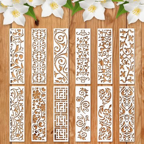 Lot de 12 pochoirs de peinture réutilisables avec bord en feuille pour décoration de meubles, gâteaux, murs en bois, bricolage, artisanat, toile, tissu, décoration de la maison (1/5)