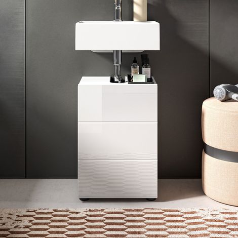 M&S – Meuble sous vasque simple 1 porte blanc brillant – Dimensions compactes pour rangement sous lavabo – Finition en mélamine élégante