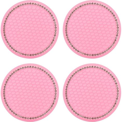 Lot de 4 sous-verres de voiture (roses) en silicone antidérapant et strass, avec porte-gobelet intégré. Convient aux SUV, berlines et pick-ups. (1/5)