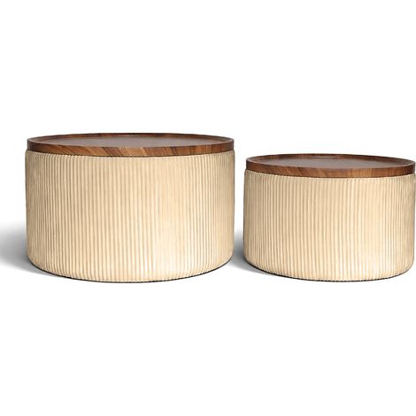 Set 2 Pouf Contenitore Rotondi in Velluto con Coperchio in Legno, Tavolino da Salotto Moderno, Pouf Contenitore Multiuso, Pouf Poggiapiedi, Tavolino Contenitore Salvaspazio Crema
