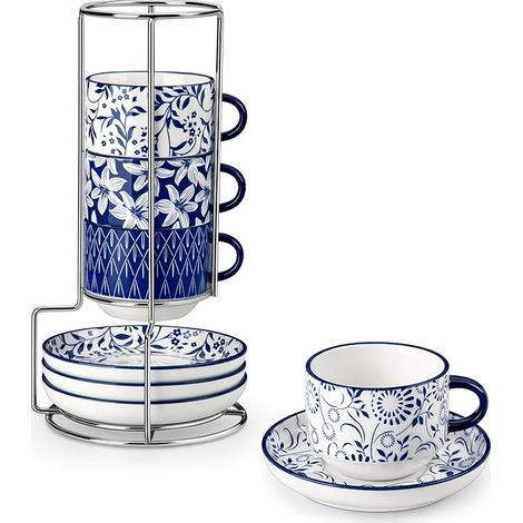 Tasses à Café Espresso avec Soucoupe Mug en Porcelaine et Support pour Thé, Cappuccino Résistants au Lave-vaisselle et au Micro-ondes Bleu et Blanc Vintage (1/5)