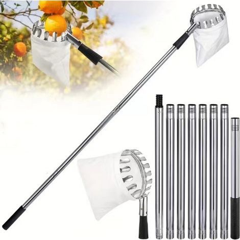 Lightweight 3.2m telescopic fruit picker with bag. For cherries, pears, lemons, and oranges. Easy harvesting in the garden. (1/5)