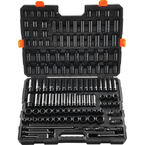 VEVOR Coffret Douilles a Chocs 3/8" et 1/2", SAE et Metrique, Kit pour Cle a Cliquet 130PCs, en Acier Allie Cr-Mo, 6 Pans, Marquages de Taille Faciles a Lire, pour la Reparation Automobile, Atelier