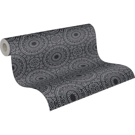 Papier peint géométrique noir et blanc Tapisserie motifs circulaires mandalas Papier peint style boho idéal pour salon (1/5)
