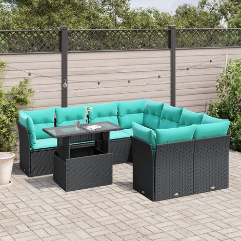9-teiliges Gartensofa-Set mit Kissen, schwarzes Polyrattan (1/5)