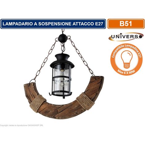 LAMPADARIO A SOSPENSIONE COUTRY RUSTICO IN LEGNO CON LANTERNA ATTACCO E27