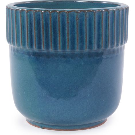 Pot en céramique artisanale Ø 38 cm turquoise brillant avec rainures (1/5)