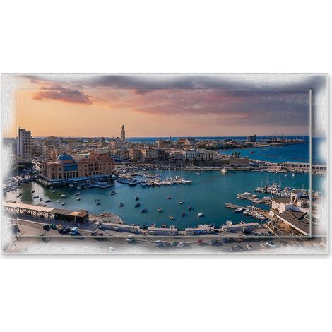 Lupia - Quadro moderno su Tela con Cornice stampata NEWEXT 75x135 cm, paesaggi localismi italiani, per casa soggiorno capezzale camera da letto hotel ufficio, BARI PANORAMA PORTO (1/4)