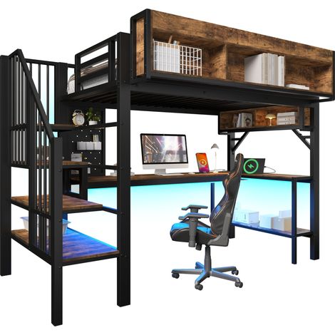 Lit mezzanine 90x200 vintage marron noir avec bureau d'angle, rangement et panneau perforé, prise USB Type-C et LED, lit enfant EN747, sans matelas (1/5)