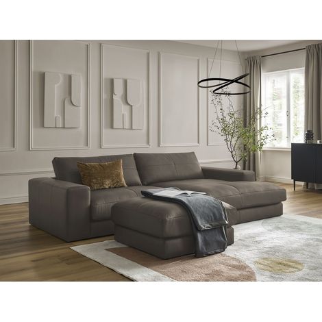 BOBOCHIC - Canapé d'angle fixe LEONARD cuir de vache avec pouf Angle droit Marron (1/5)