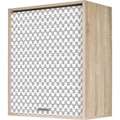Meuble mural de cuisine chêne clair à rideau imprimé vagues grises Couna L 60 x H 72cm (1/3)