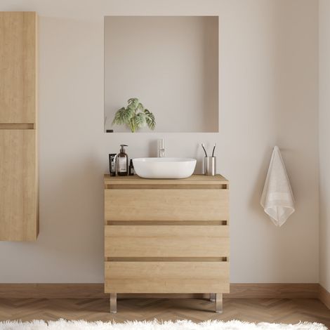 Meuble de salle de bain 80cm avec plateau et vasque à poser arrondie - 3 tiroirs - nebraska (chêne clair) - MAYOR