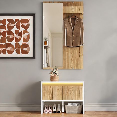Meuble d'entrée 3-en-1 avec miroir et rangements blanc et bois (1/5)