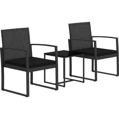 Set da Giardino 3 Pezzi con 2 Sedie e Tavolino da Caffè, Salotto da Giardino Poltroncine con Cuscini e Tavolo con Piano in Vetro, Nero