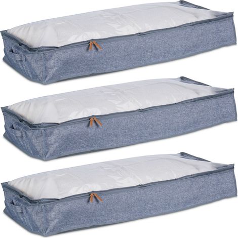 Relaxdays Set of 3 Underbed Storage Bags, Foldable, with Zip, Clothes, Blankets, Toys, Fabric, 14 x 100 x 45 cm, Grey