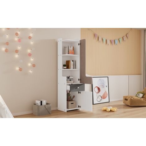 Hohes Bücherregal, Teenager-Regal mit L-förmigen Tür, mit Schublade, Aufbewahrungsschränke, Türen mit Scharnieren, mit quadratische Metallknöpfe, MDF