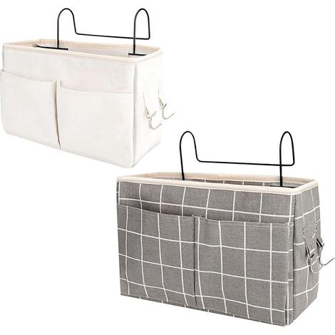 Organisateur de chevet 2 pièces, sac de chevet suspendu, panier de rangement imperméable avec 3 poches, rideau pour lit mezzanine (blanc + gris quadrillé) (1/5)