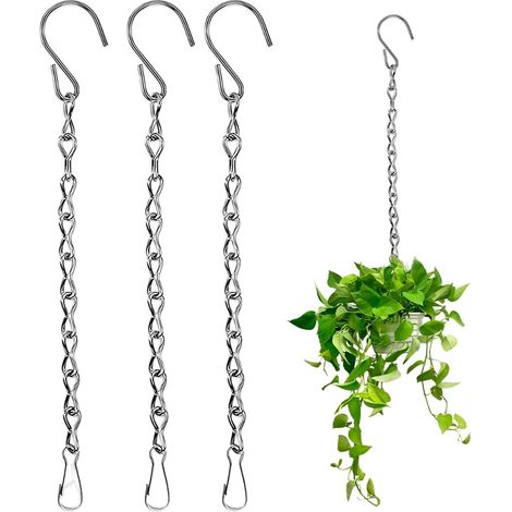 Lot de 3 chaînes avec crochets, pour paniers suspendus, pots de fleurs, métal robuste, support pour mangeoires à oiseaux, lanternes, carillons, panneaux, décorations (50 cm) (Noir)