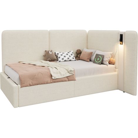 CHICFURN Cama tapizada 90x200 cm con almacenaje hidráulico, cabecero con luz de lectura giratoria y puertos USB + Tipo C, tejido bouclé beige, ideal para dormitorio (1/5)