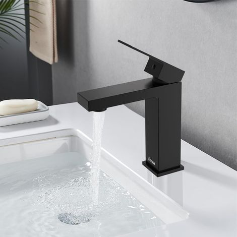 Rubinetto per lavabo, altezza beccuccio 119 mm, acqua calda e fredda, acciaio inox, monocomando, aeratore sostituibile, nero (1/5)