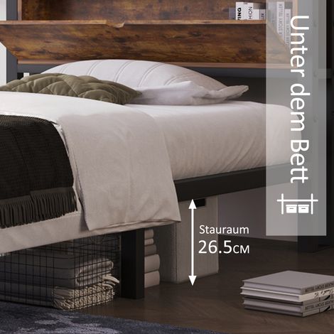 Lit en métal 90x200 cm avec tête de lit rangement et sommier à lattes, cadre en acier pour enfant, ado et adulte, noir, style industriel. (1/5)
