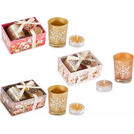 Confezione a cofanetto regalo di Natale con portacandela tealight in vetro decorato con fiocco di neve, set da 9 pezzi, Portatealight: Ø cm 5 x 6 H