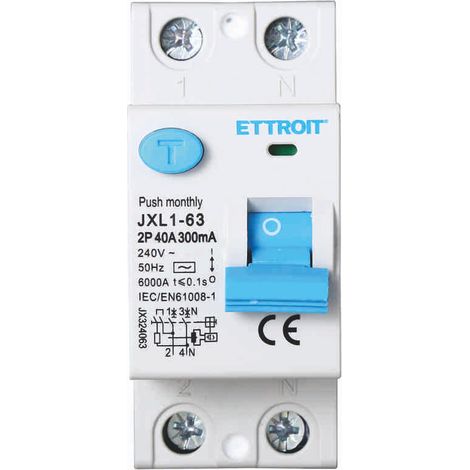 Ettroit – Interrupteur différentiel pur 2P 40A 300mA 220V 6kA – Protection contre les courants de fuite – Installation 2 modules DIN – JX324063