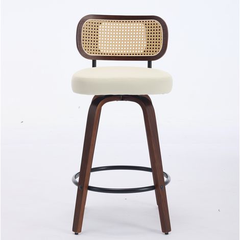 Lot de 2 tabourets de bar hauteur comptoir en noyer avec dossier en rotin ventilé et siège rembourré beige (1/5)
