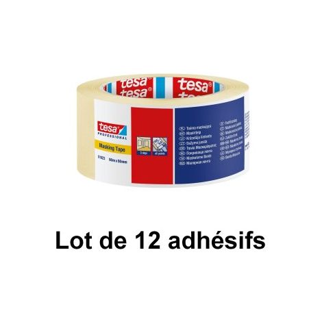 Tesa – Ruban de masquage 50 mm x 50 m – Adhésif en caoutchouc naturel pour travaux de masquage standard – Lot de 12 rouleaux