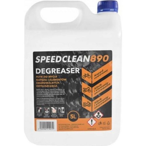 Líquido desengrasante SPEEDCLEAN 890 para la limpieza de transmisiones, motores y elementos lubricables de motocicletas y bicicletas. Capacidad: 5 litros.