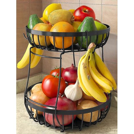 Corbeille à fruits 2 niveaux XL métal empilable 2 supports à bananes pour plan de travail pain et légumes noir (1/5)