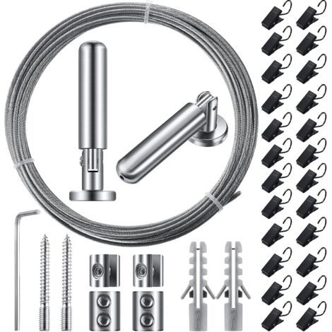Tringle à rideau en fil métallique de 5 m (196 pouces) avec 24 clips réglables pour rideaux, décoration murale, photo, artisanat, fenêtre (1 ensemble) (1/5)