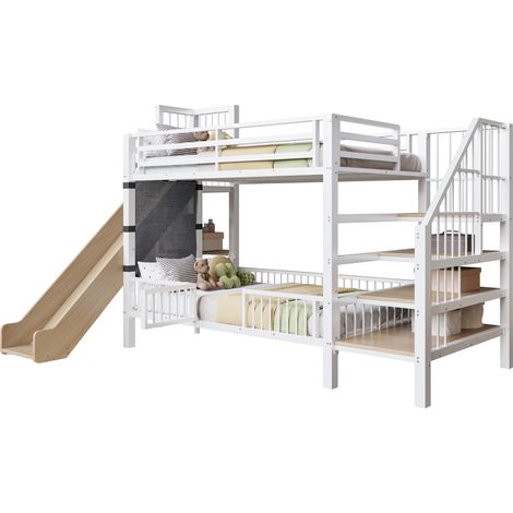 Lit mezzanine enfant en métal et MDF blanc 90x200 cm avec toboggan, escalier de rangement et étagères (1/5)