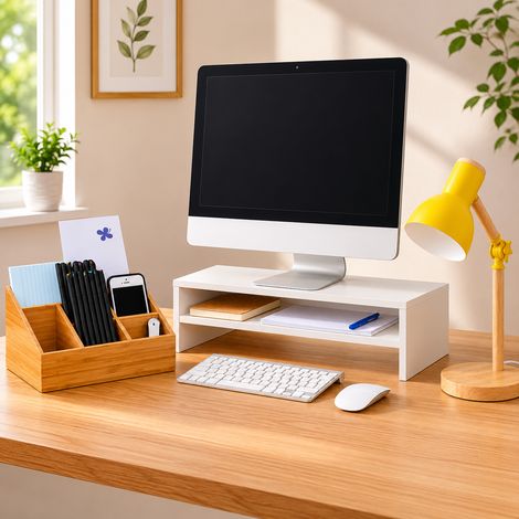 Ergonomisches home office schreibtischset 3 teilig weier monitorstander stiftehalter aus netzgewebe holzlampe 221352160 (1/5)