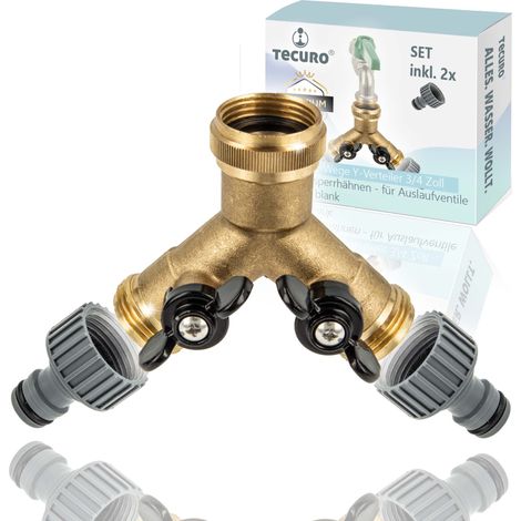 tecuro 2-Wege Y-Verteiler 3/4 Zoll mit 2 Absperrhähnen - für Auslaufventile Messing blank (1/4)
