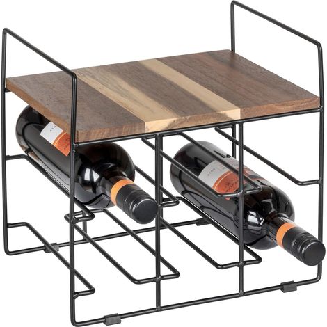 Casier à vin pour 6 Bouteilles en métal revêtu par pulvérisation avec étagère en Bois d'acacia, 30 x 27,5 x 24 cm, Marron/Noir (1/5)