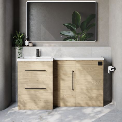 Napoli 390 Light Oak 1500mm 2 Drawer Vanity Unit Toilet Suite with Left Hand Square Lucia Basin - 1500mm - Matt Black 320mm HandleWithout Kingston Toilet Pan