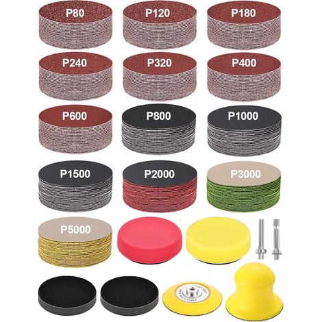 268pcs Kit de Disques Abrasifs 75mm, Grain 80-5000 Papier a Poncer Carrosserie, Papier Poncage Crochet et Boucle avec Plateau Support 1/4" et Tampon de Lustrage pour Perceuse, Phare, Bois (1/5)