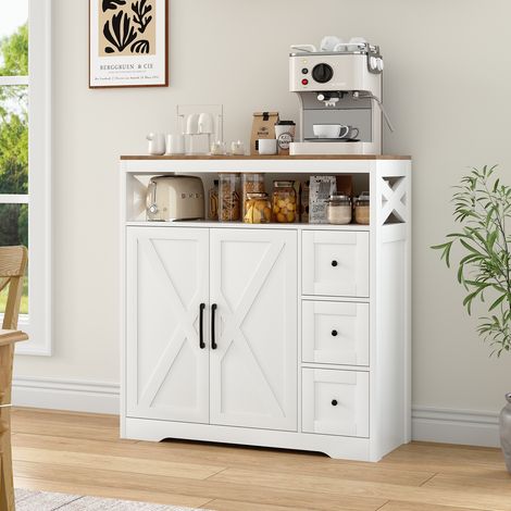 Buffet 100x40x105 cm, style scandinave avec décorations croisées 3 tiroirs, 2 portes et étagères ouvertes, grand esapce de rangement, pour salon et cuisine – Blanc (1/5)