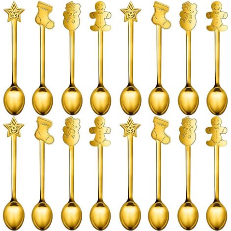 Cuillère À Café De Noël - En Acier Inoxydable - 12,5 Cm - Doré - Pour Dessert Et Café - Lot De 16 Pièces (1/5)