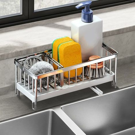 Spülbecken-Organizer, 304 Edelstahl, Küchenspüle, Schwammhalter, multifunktionales Küchen-Aufbewahrungsregal mit automatischer Abflussschale, Silber (1/5)