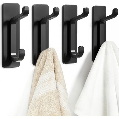 Porte-serviettes sans perçage : Crochets adhésifs extra-forts de 6 kg, crochets muraux autocollants pour chapeaux, serviettes et manteaux, lot de 4, noir (1/5)