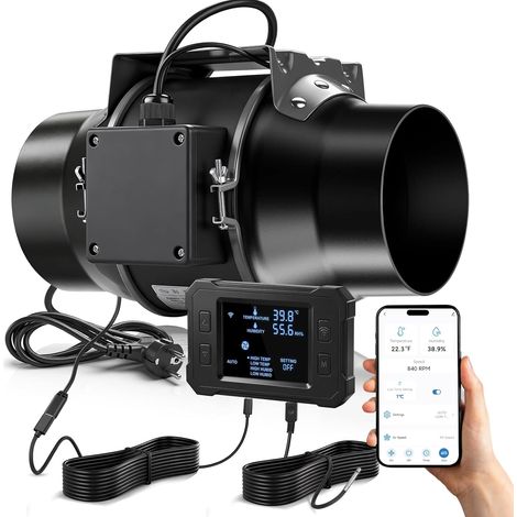 150mm Rohrventilator WiFi APP mit Inverter-EC-Motor, 683 m³/h Inliner Abluftventilator mit Intelligenter Temperatur- und Feuchtigkeitsregler, 3m Kabel Inline Rohrlüfter für Growzelte Gewächshäuser (1/5)