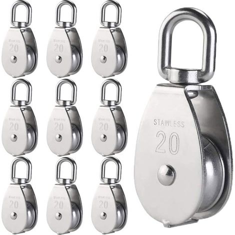 Lot de 10 Poulies Simples M20 Acier Inoxydable 304 Argent - Roue de Levage pour Câble Métallique Remorquage 7mm (1/5)