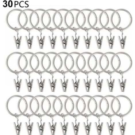 Lot de 30 anneaux de rideaux avec clips, solides, crochets sur supports de tringle, œillets métalliques de diamètre intérieur, pour rideaux décoratifs, cadres de fenêtre, argent,30mm (1/4)