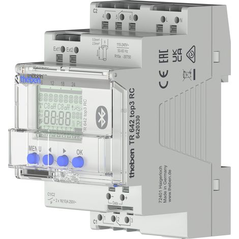 Theben TR 642 top3 RC BLE Digitale Jahres-Zeitschaltuhr mit 2 Kanälen und Astrofunktion, Bluetooth/App, Schalter/Taster/Antenne extern anschließbar, 800 Speicherplätze, 600 W LED