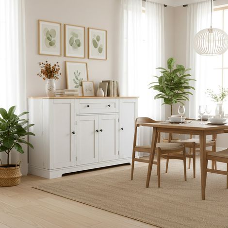 URBAN MEUBLE Buffet de cuisine blanc et effet bois 1 tiroir et 4 portes, étagères réglables 138x40x85cm (1/5)