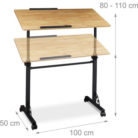 Tavolo da lavoro ergonomico regolabile 100 x 50 cm con ruote e ripiani girevoli in legno nero 130005254
